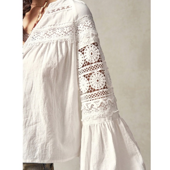 Cotton Bohemian Shirt White Crochet Lace Detailed V-Neck Long Lantern Sleeve - Picture 7 of 12